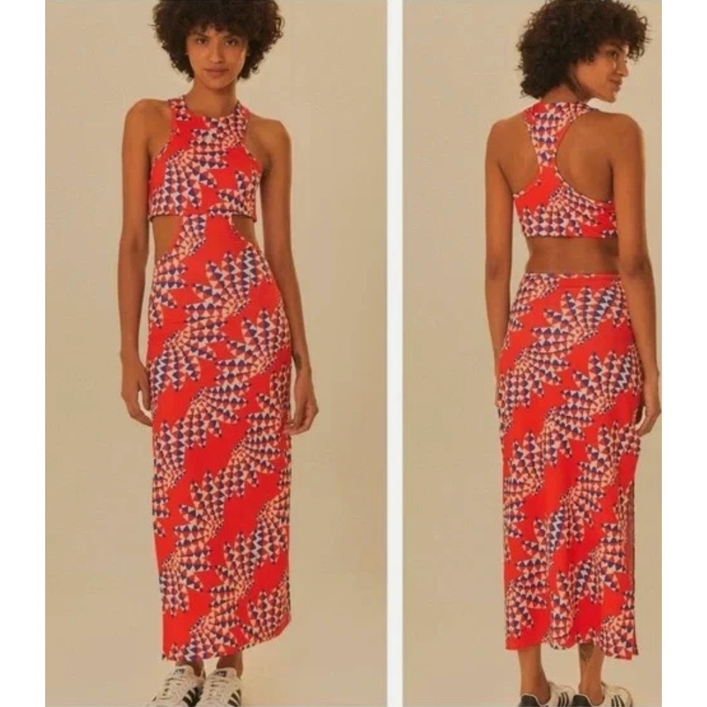 Adidas x Farm Rio Cutout Maxi Dress Red Psychedelic Wave Medium Side Slit